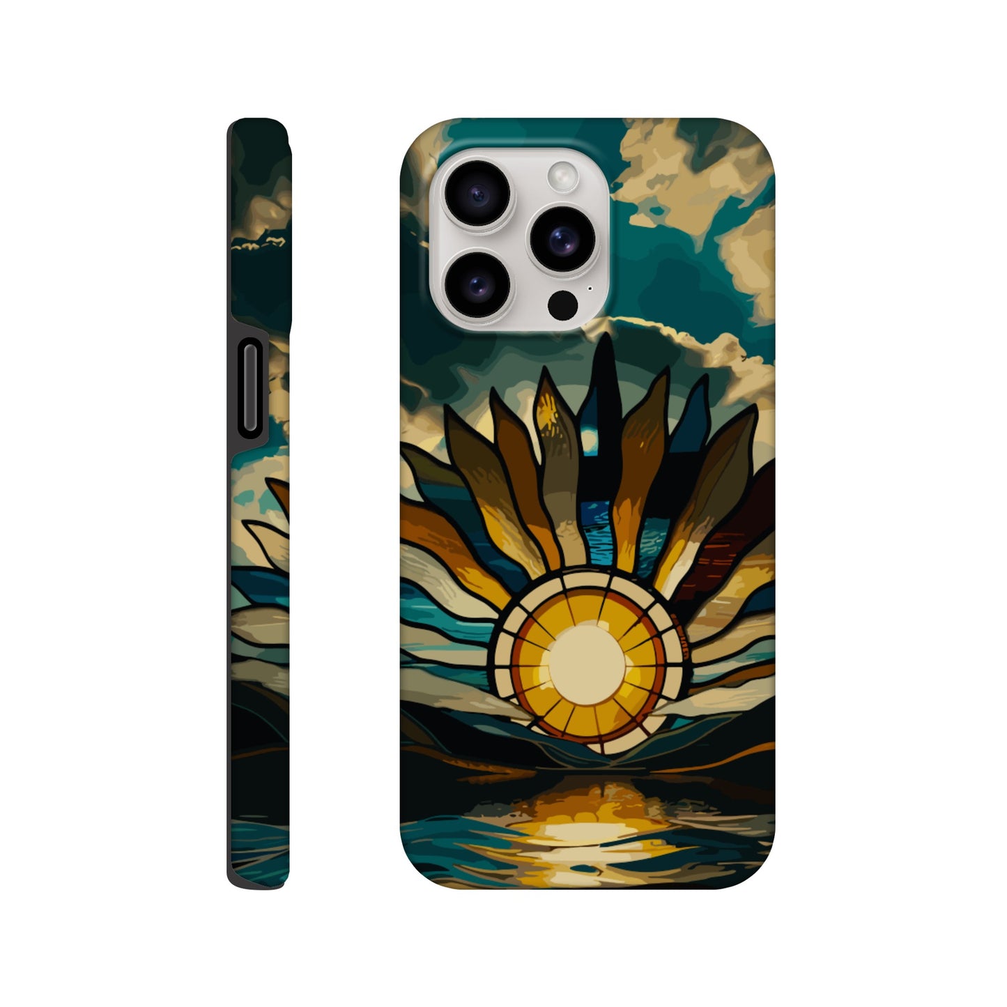 An iPhone 15 Pro Max Phone Case with the following design on it: A giant stained glass sun, with rays of light reflecting on the water below, in a cinematic, epic, fantasy art style