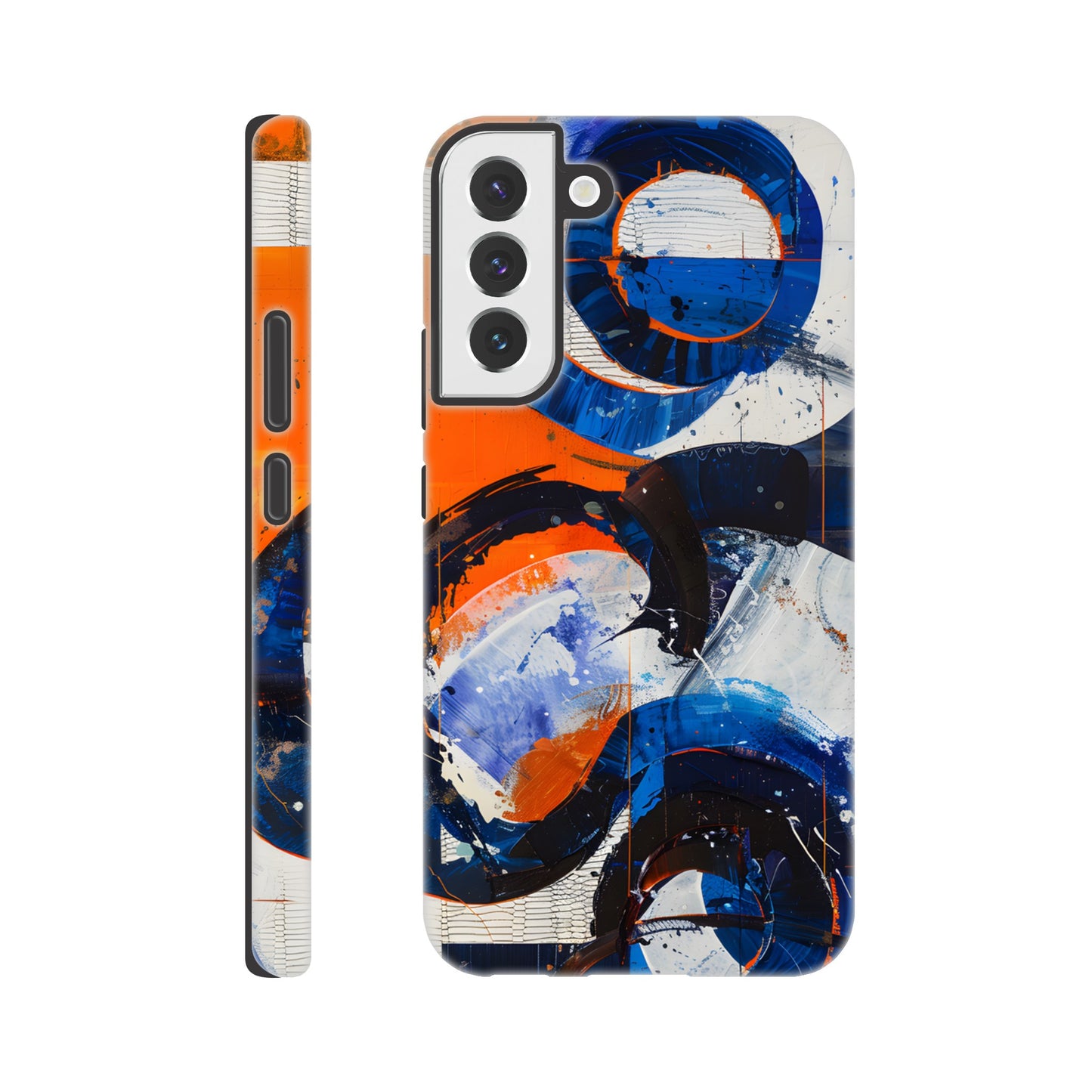 A Samsung Galaxy S22 Plus Phone Case with the following design on it - An abstract painting of circles and squares in orange, blue and white, with an overall sense of movement and vitality. The background is collage-like, with elements such as textures, lines, stripes, scribbles and splashes of paint, along with irregular shapes