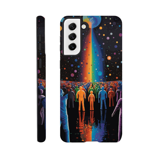 A Samsung Galaxy S21 Plus Phone Case with the following design on it : A cartoonish image of a colorful crowd of people on the surface of an alien planet, with rainbows and stars in the background. The design incorporates different colors to create a visually appealing composition. The lighting creates a sense of depth and dimension. The overall effect conveys wonderment and excitement as if looking out into space