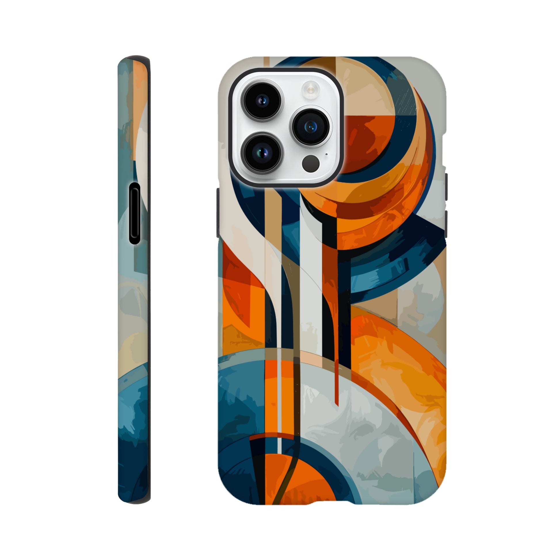 An Apple iPhone 14 Pro Max Phone Case with the following design on it: An abstract painting of an orange, blue and white circular design with lines in the style of cubism. The shapes create visual harmony by creating balance between soft curves and sharp angles. It uses flat color to give depth through gradients. There is an emphasis on the use of light and shadow. In some places there's an airbrush effect