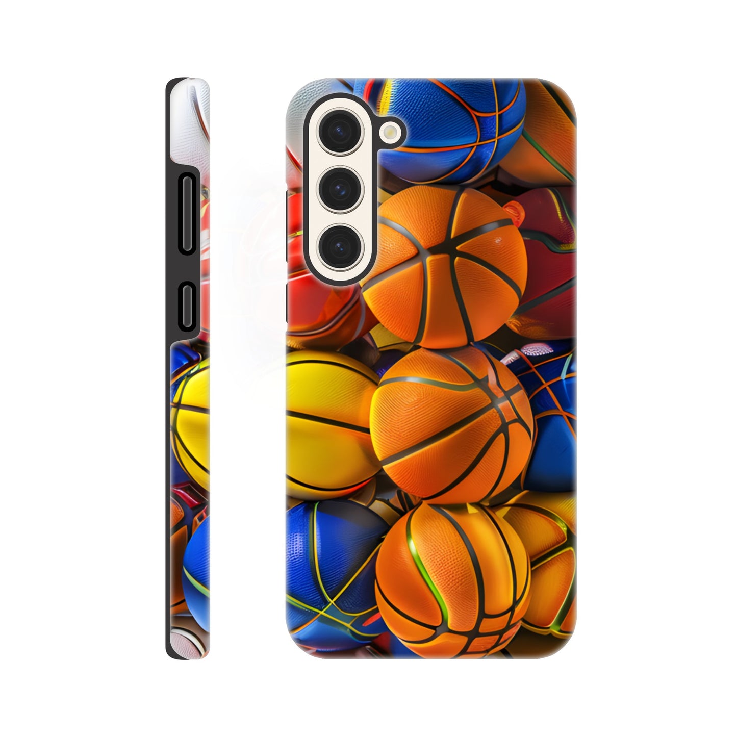 A Samsung Galaxy S23 Plus Phone Case adorned with an image of a lot of basketballs, of a variety of primary colors, in the form of cube