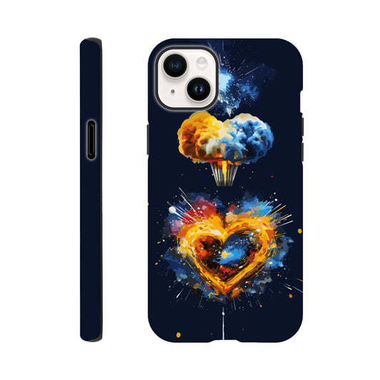 An Apple iPhone 14 Plus Phone Case with the following design on it - heart shaped milky way galaxy with a nuclear mushroom cloud emanating from the heart, pop art, royal blue, yellow, white, silver, black, orange