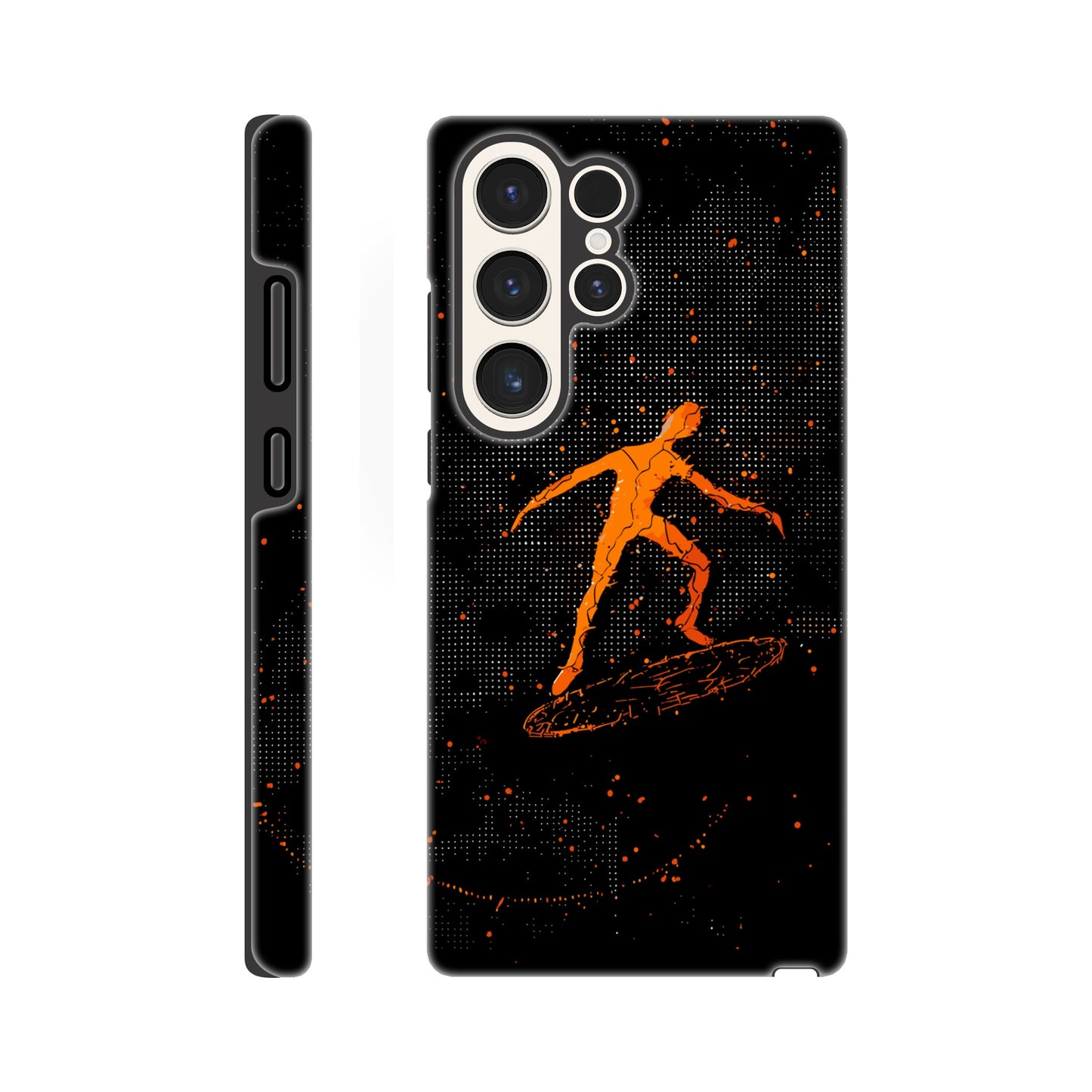 A Samsung Galaxy S23 Ultra Phone Case with the following design on it : orange glowing silhouette of a male surfer against a black background, in the style of digital art, dark orange and light amber, pointillist dot paintings, high resolution, symmetrical grid-like patterns, minimalist figures, glitched edges