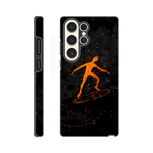 A Samsung Galaxy S23 Ultra Phone Case with the following design on it : orange glowing silhouette of a male surfer against a black background, in the style of digital art, dark orange and light amber, pointillist dot paintings, high resolution, symmetrical grid-like patterns, minimalist figures, glitched edges