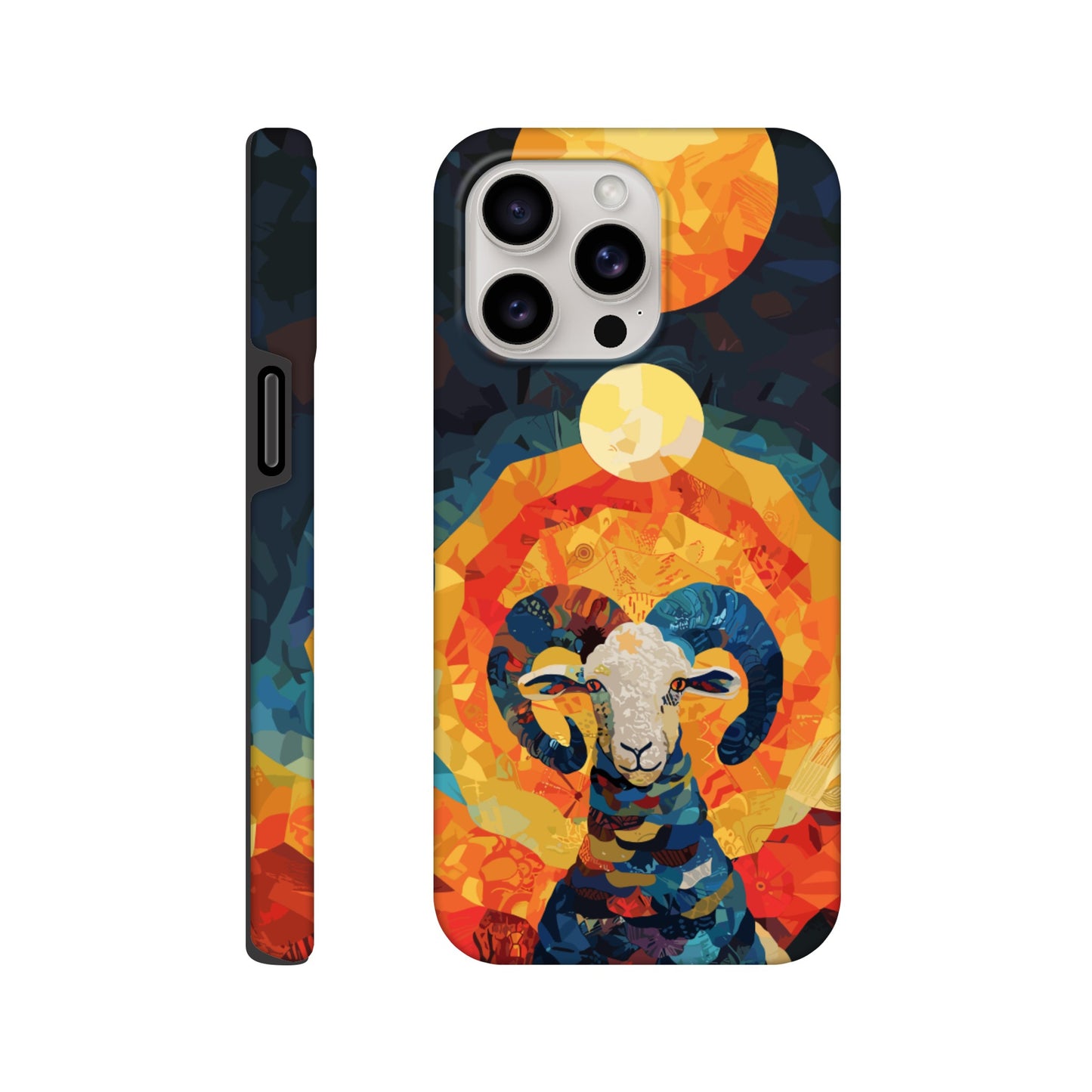 An Apple iPhone 15 Pro Max Phone Case with the following design on it - A Ram is facing towards you. There is a large Sun above the Ram even though it appears to be nighttime and a small moon as well, the style is art nouveau with very vibrant primary colors.