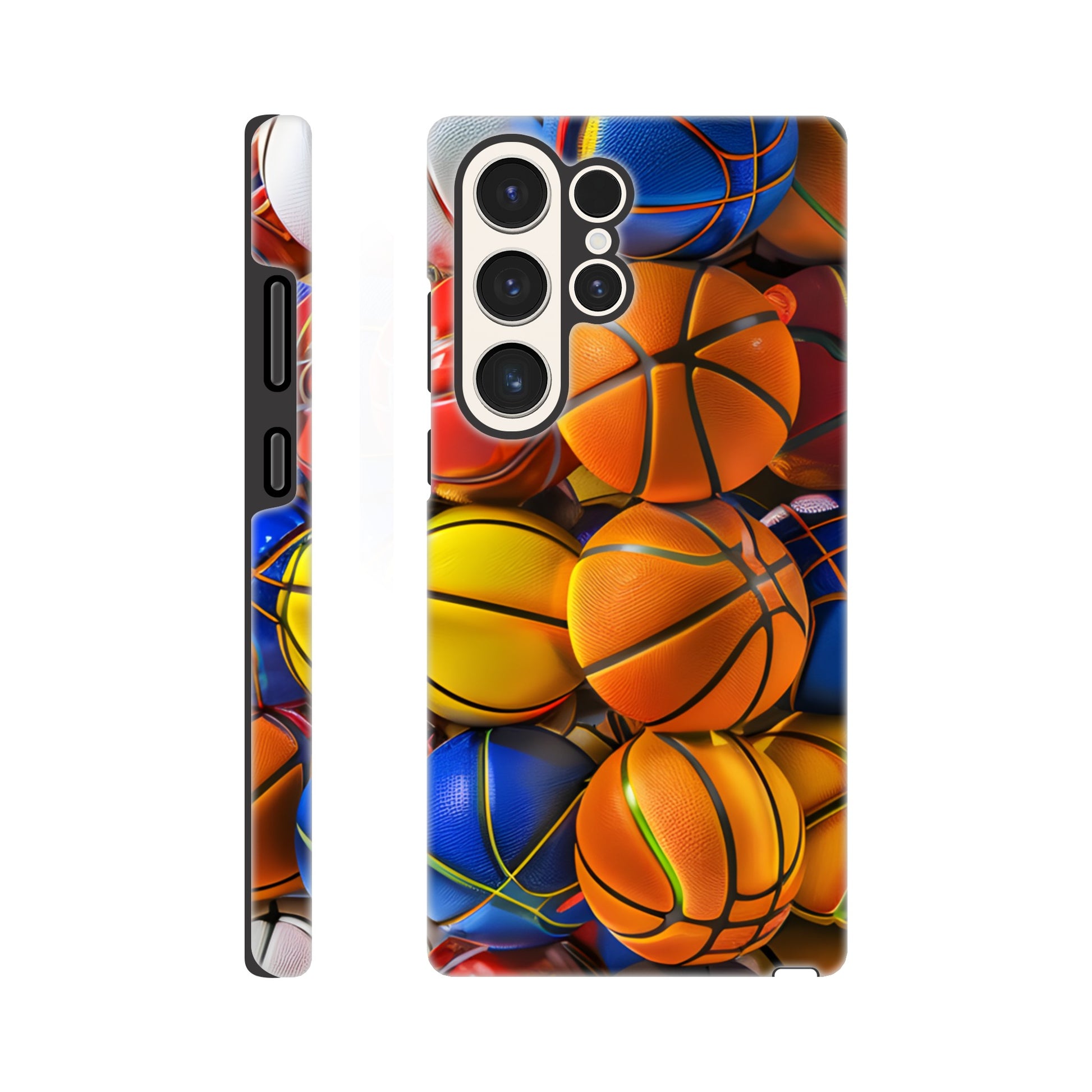 A Samsung Galaxy S23 Ultra Phone Case adorned with an image of a lot of basketballs, of a variety of primary colors, in the form of cube