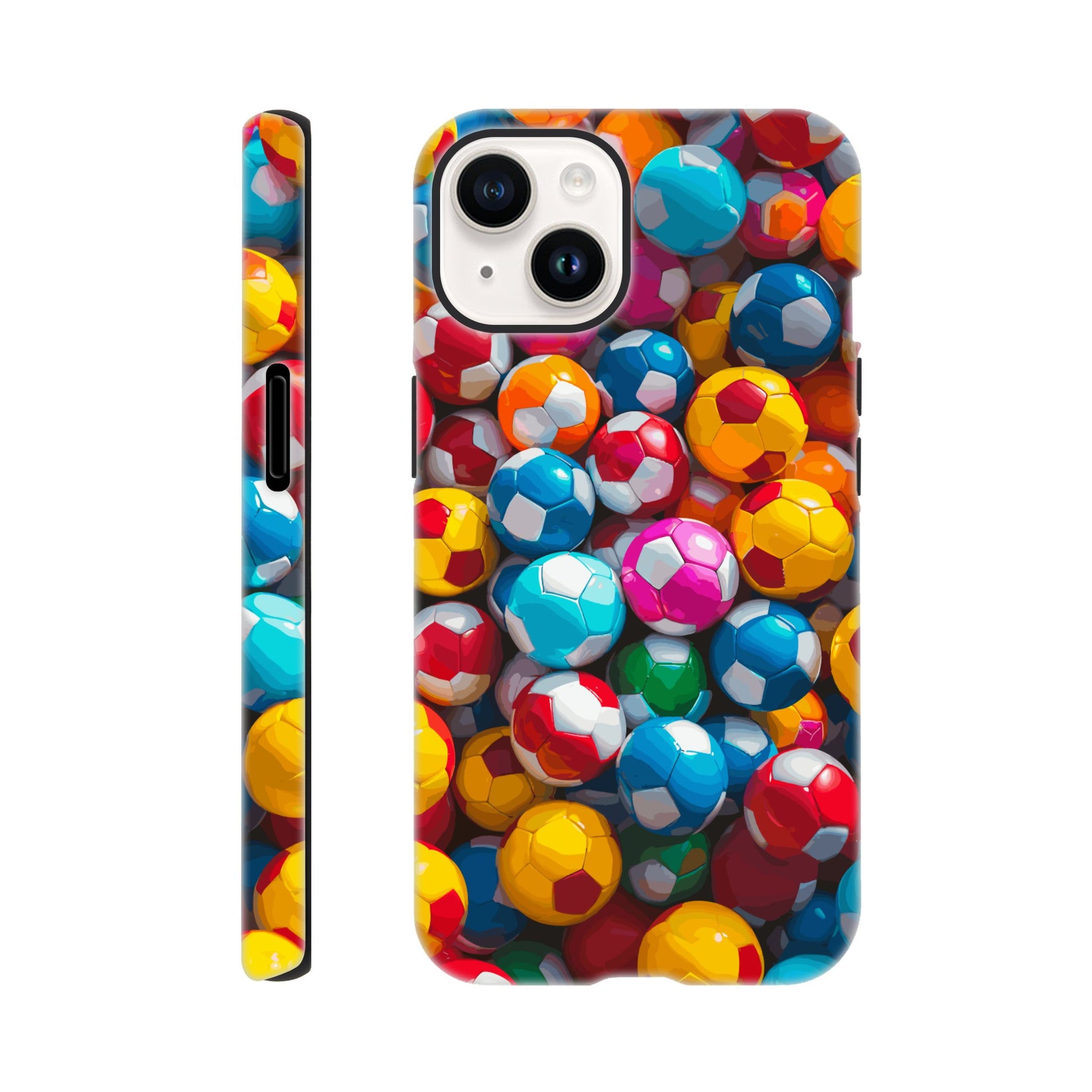 An iPhone 14 Phone Case with the following design on it: A Kids ball pit made up of soccer balls, the soccer balls are of a variety of colors, fun and bright, pop art