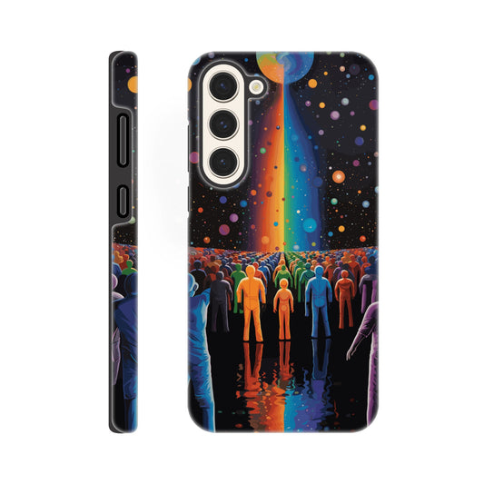 A Samsung Galaxy S23 Plus Phone Case with the following design on it : A cartoonish image of a colorful crowd of people on the surface of an alien planet, with rainbows and stars in the background. The design incorporates different colors to create a visually appealing composition. The lighting creates a sense of depth and dimension. The overall effect conveys wonderment and excitement as if looking out into space