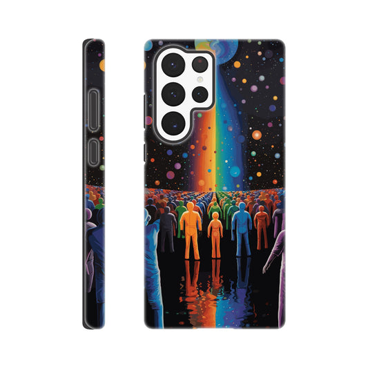 A Samsung Galaxy S22 Ultra Phone Case with the following design on it : A cartoonish image of a colorful crowd of people on the surface of an alien planet, with rainbows and stars in the background. The design incorporates different colors to create a visually appealing composition. The lighting creates a sense of depth and dimension. The overall effect conveys wonderment and excitement as if looking out into space