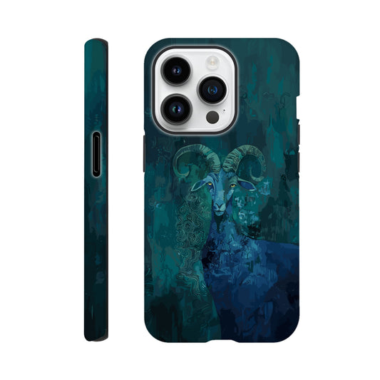 An Apple iPhone 14 Pro Phone Case with the following design on it - a Sea Goat, the symbol of the zodiac sign for Capricorn, fabric painting, dark green, indigo