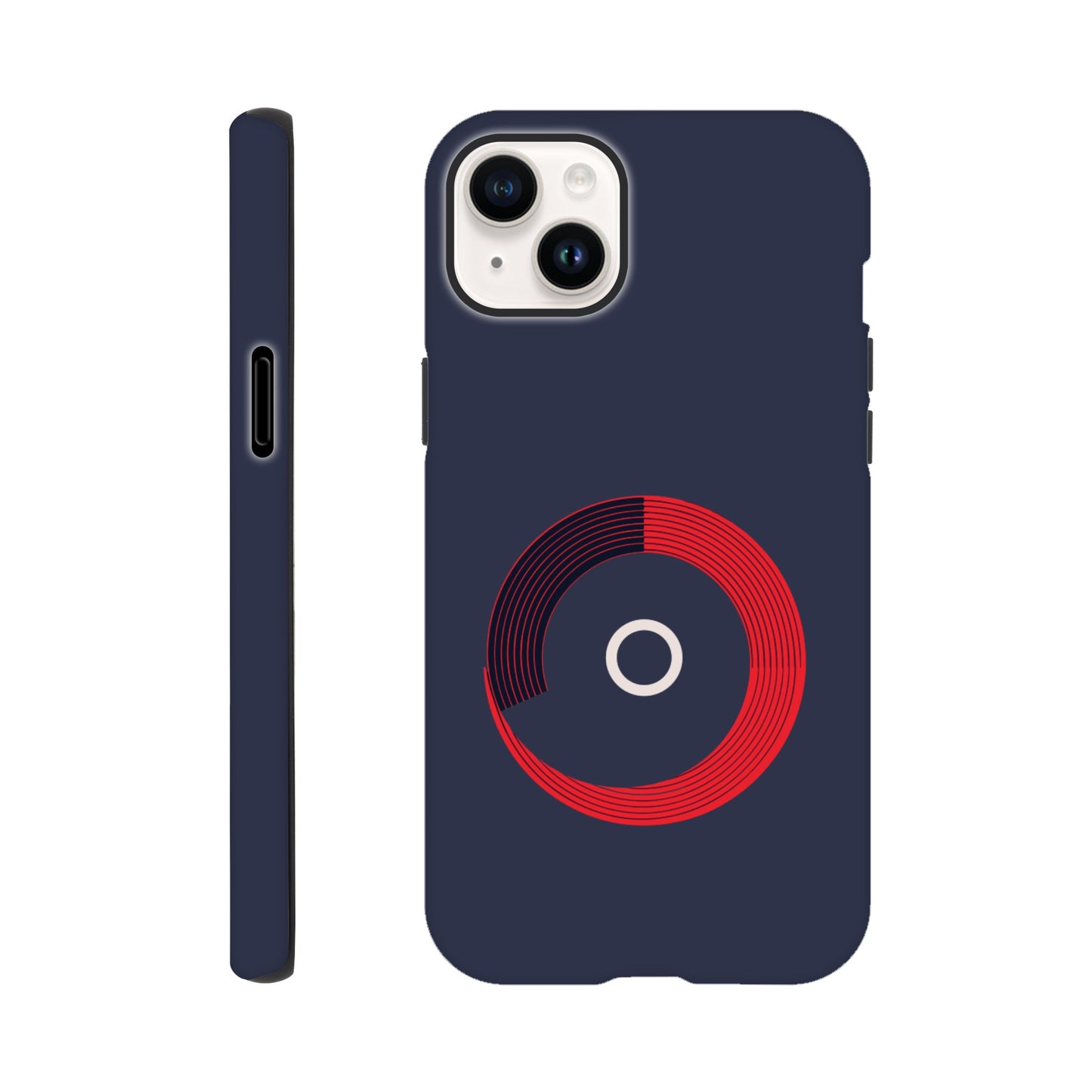 An Apple iPhone 14 Plus Phone Case with the following design on it: a red circle with black curved lines in the circle that make it look like bleachers from above on a navy blue background, there is a white letter circle in the center, a sleek and modern appearance, subtle gradients for depth effect