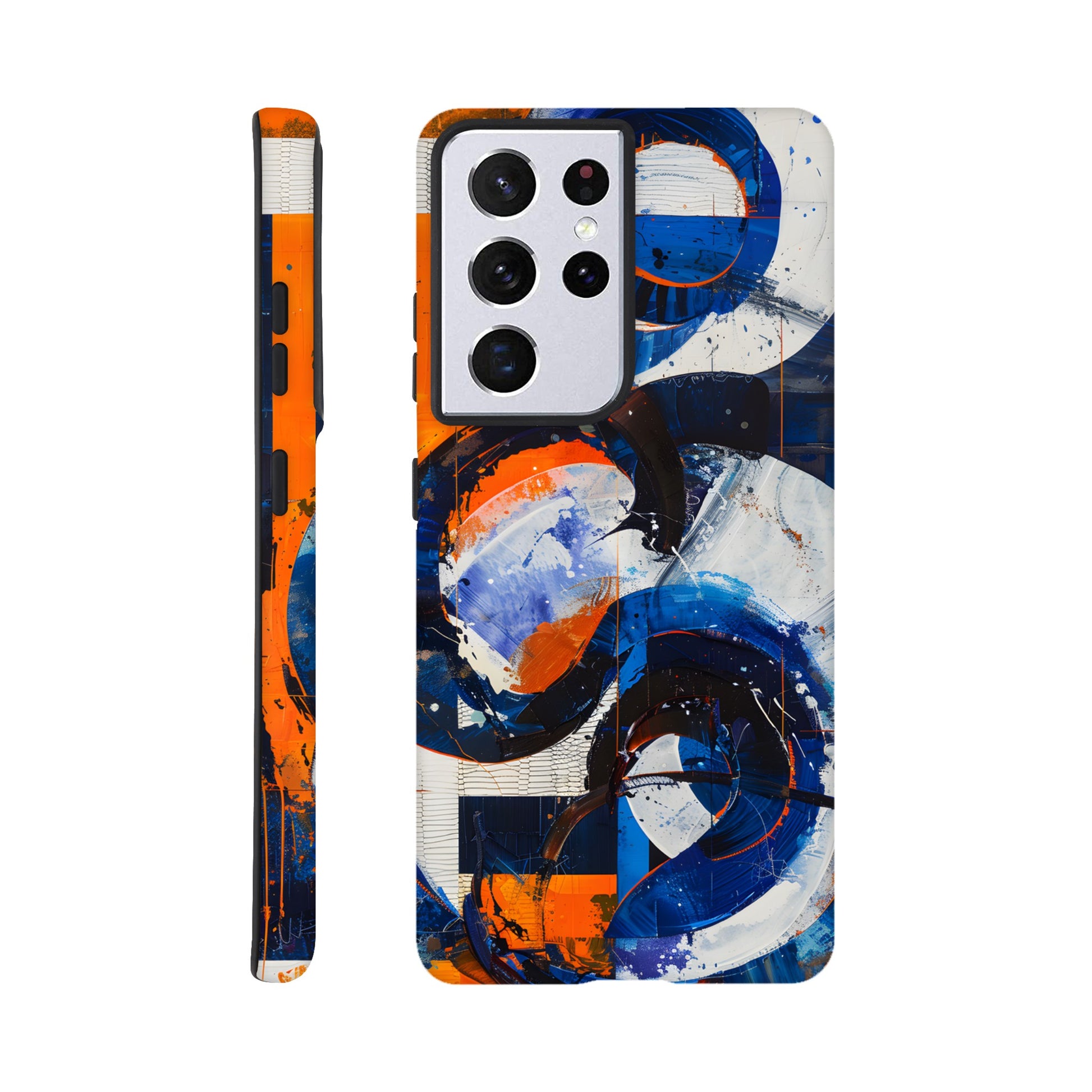 A Samsung Galaxy S21 Ultra Phone Case with the following design on it - An abstract painting of circles and squares in orange, blue and white, with an overall sense of movement and vitality. The background is collage-like, with elements such as textures, lines, stripes, scribbles and splashes of paint, along with irregular shapes