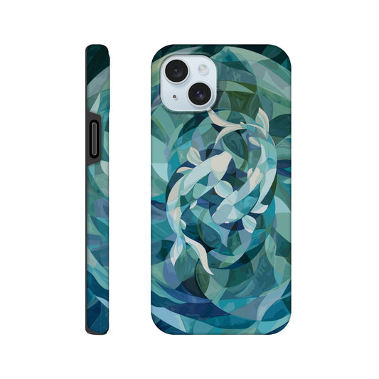 An Apple iPhone 15 Plus Phone Case with the following design on it : A representation of the Pisces zodiac sign depicted as follows - A geometric abstract painting of fish swimming in circles, using shades and shapes to create the illusion that they form an endless circle. The color palette is soft with pastel blues and greens, giving it a calming effect. This artwork symbolizes motion, energy flow, chaos theory, infinite reflection, balance between movement and stillness