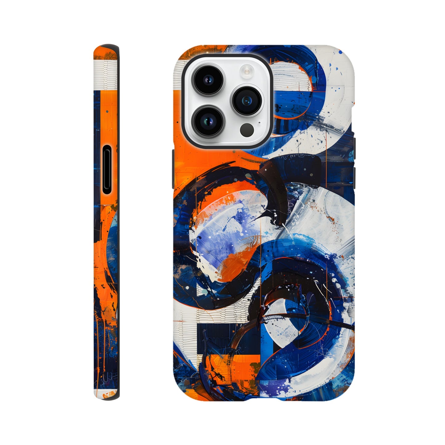 An Apple iPhone 14 Pro Max Phone Case with the following design on it : An abstract painting of circles and squares in orange, blue and white, with an overall sense of movement and vitality. The background is collage-like, with elements such as textures, lines, stripes, scribbles and splashes of paint, along with irregular shapes