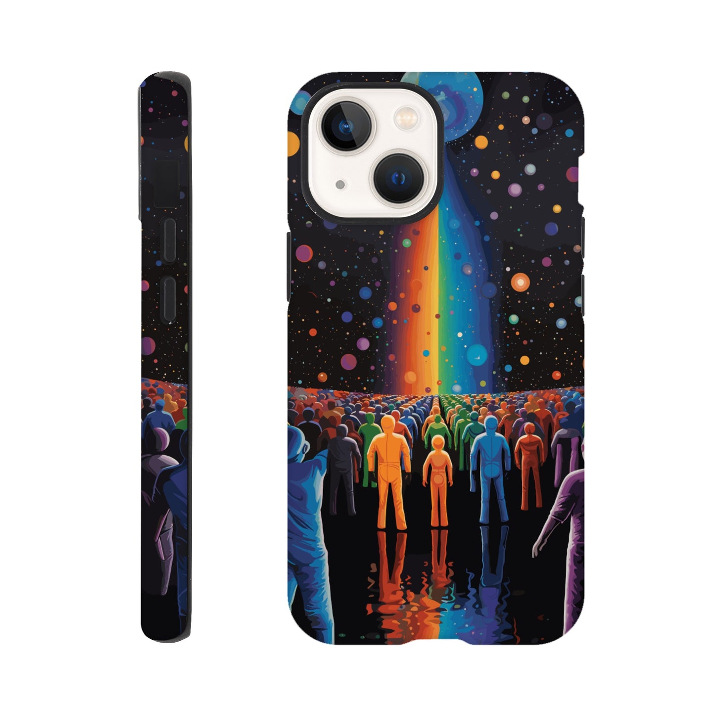 An Apple iPhone 13 Mini Phone Case with the following design on it : A cartoonish image of a colorful crowd of people on the surface of an alien planet, with rainbows and stars in the background. The design incorporates different colors to create a visually appealing composition. The lighting creates a sense of depth and dimension. The overall effect conveys wonderment and excitement as if looking out into space