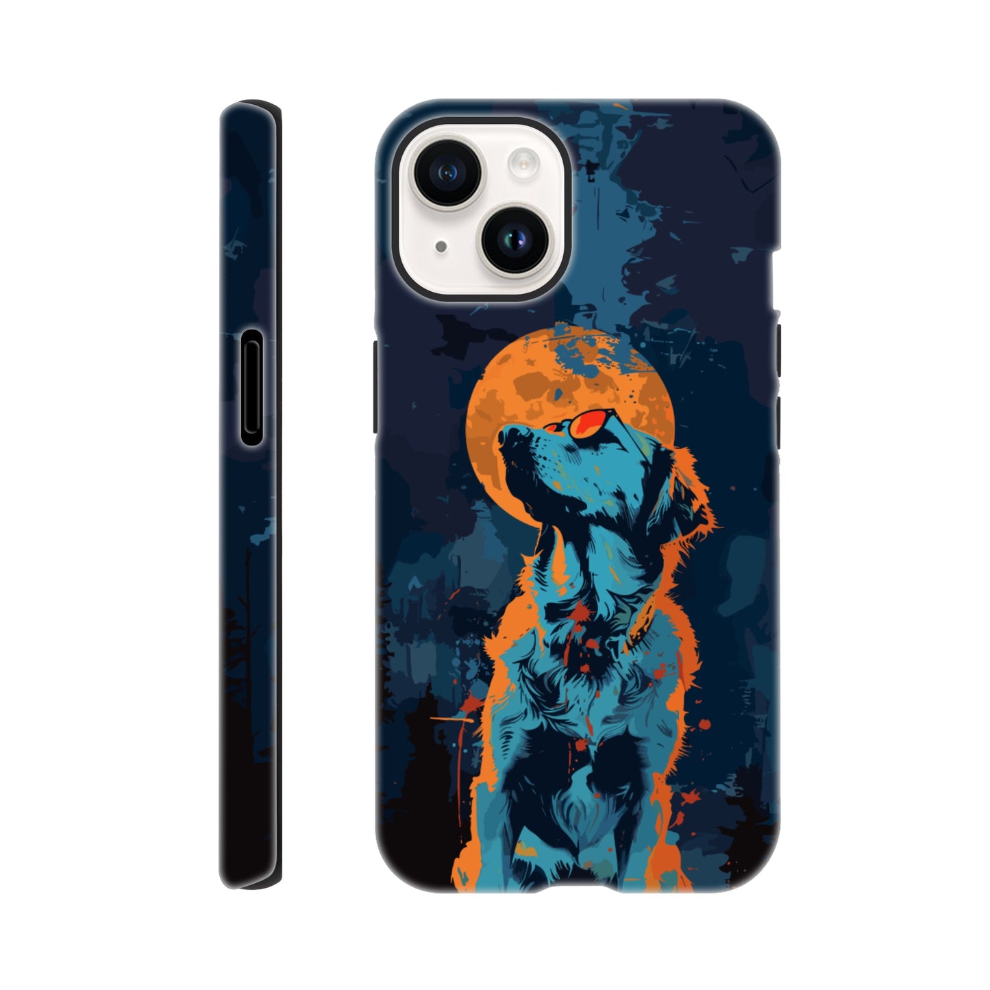 An Apple iPhone 14 Phone Case with the following design on it - A golden retriever dog with the moon behind it in a blue and orange color scheme, a night forest background, flat vector art with dark blue and light amber colors, a cyberpunk aesthetic