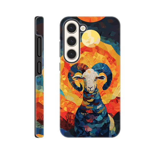 A Samsung Galaxy S23 Phone Case with the following design on it - A Ram is facing towards you. There is a large Sun above the Ram even though it appears to be nighttime and a small moon as well, the style is art nouveau with very vibrant primary colors.