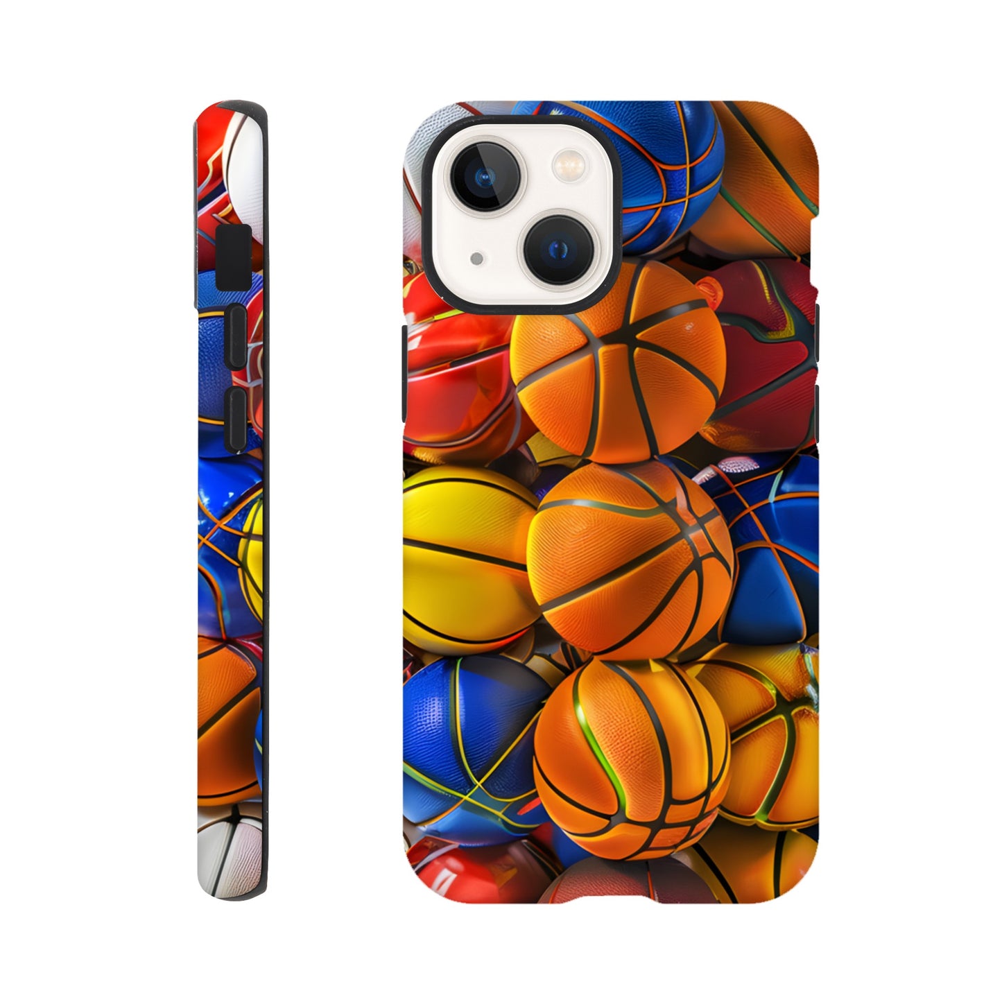 An Apple iPhone 13 Mini Phone Case adorned with an image of a lot of basketballs, of a variety of primary colors, in the form of cube