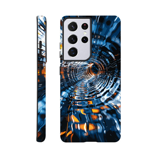 A Samsung Galaxy S21 Ultra Phone Case with the following design on it: abstract futuristic tunnel made of chrome and glass, motion blur, dark blue background, orange highlights. The tunnel was created in the style of an abstract futuristic design using chrome and glass with a motion blur effect against a dark blue background highlighted with orange