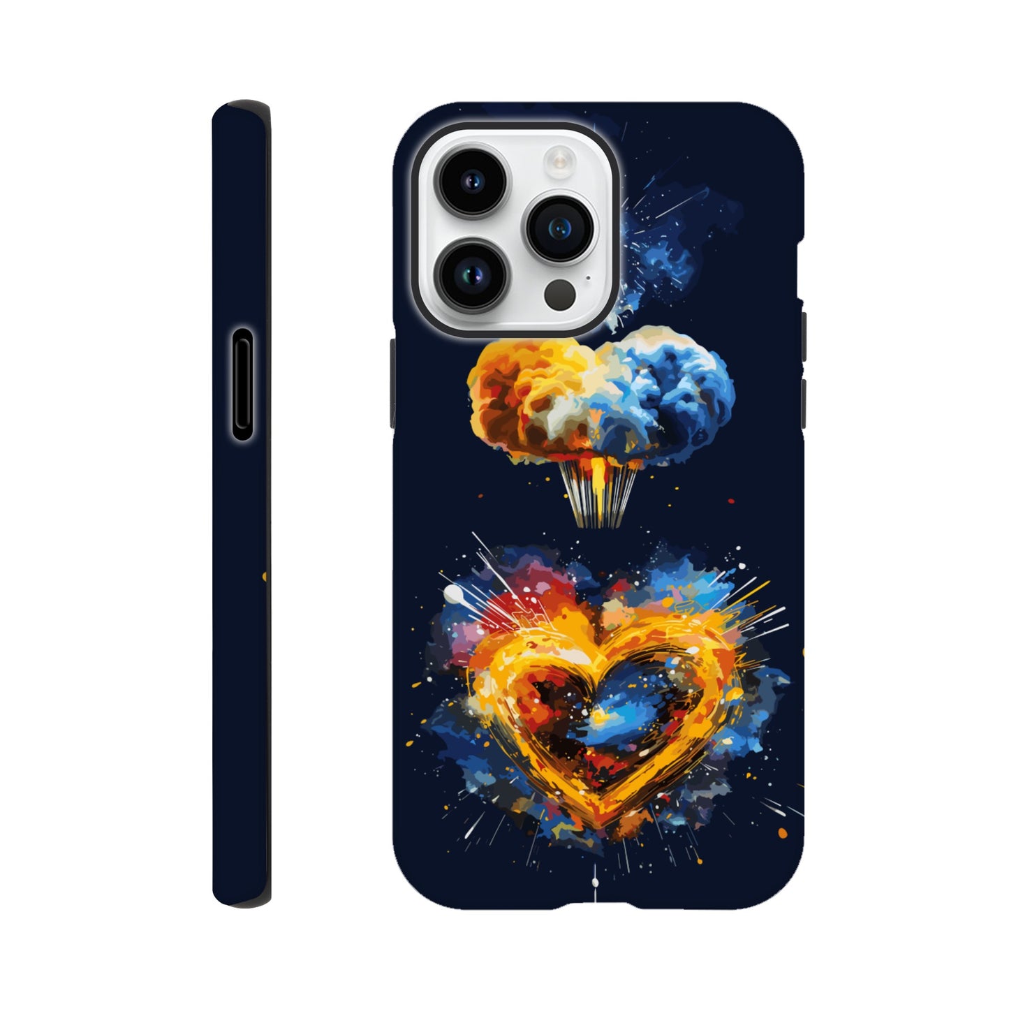 An Apple iPhone 14 Pro Max Phone Case with the following design on it - heart shaped milky way galaxy with a nuclear mushroom cloud emanating from the heart, pop art, royal blue, yellow, white, silver, black, orange