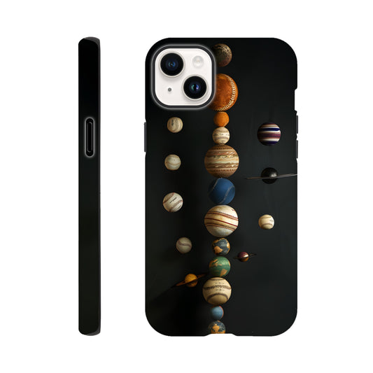 An Apple iPhone 14 Plus phone case with a design depicting our solar system with baseballs in place of planets