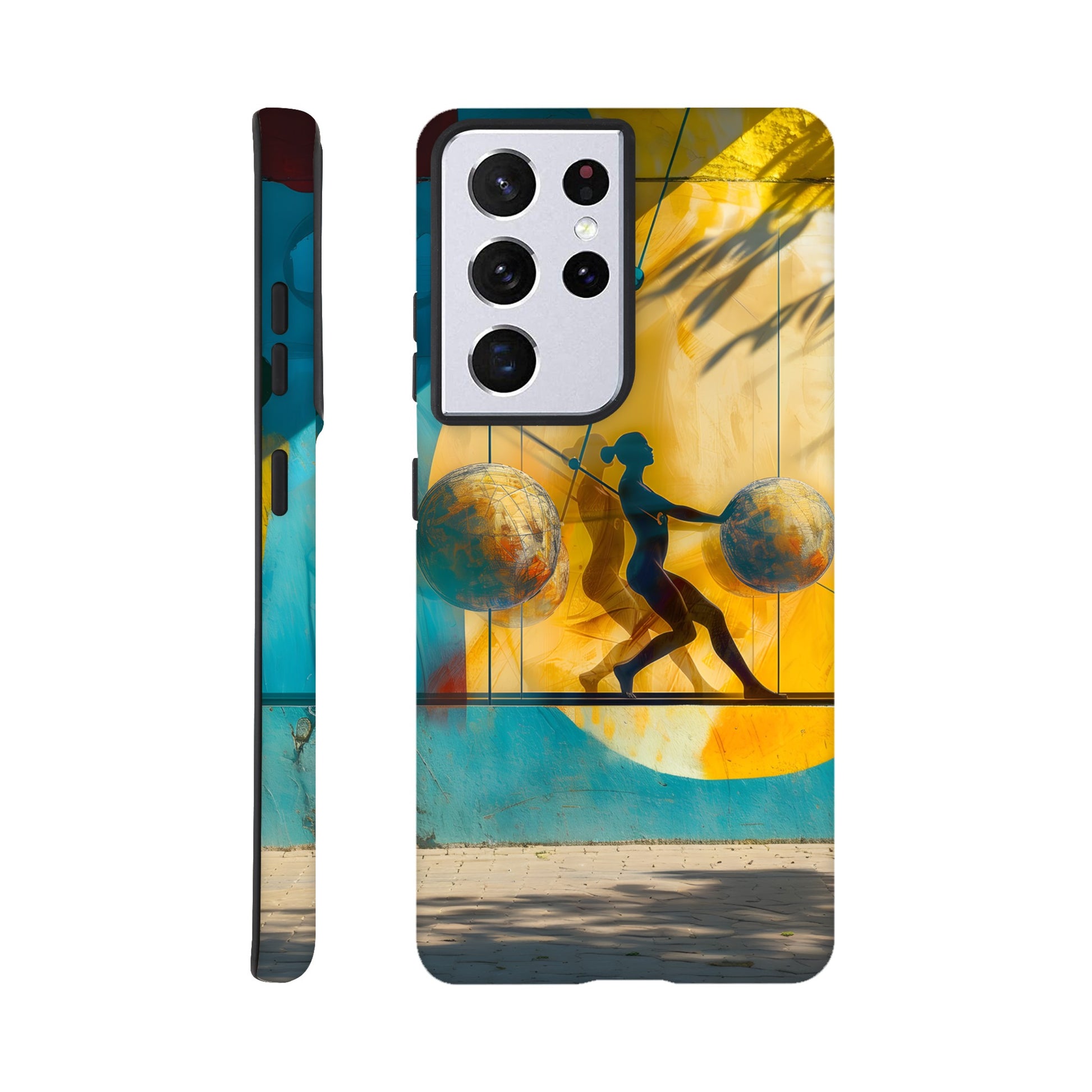 A Samsung Galaxy S21 Ultra Phone Case with the following design on it: A colorful mural depicting the figure of a Female athlete with two circles and three spheres in yellow, blue, and red colors, painted on concrete walls. A woman is running between them while holding another sphere in her hand. The shadows cast by palm trees create dynamic patterns that highlight details like dots and lines, adding depth to the scene