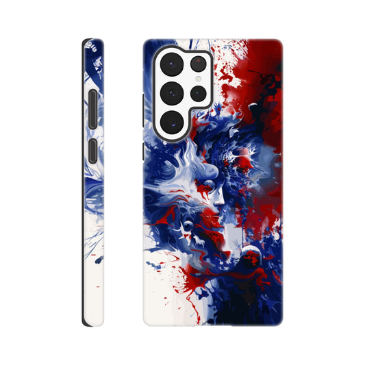 A Samsung Galaxy S22 Ultra Phone Case with the following design on it: Abstract Blue and Red Painting, white background, ink painting, splash art in the style of ink painting, human profile in the middle which seems to be depicting someone in deep thought 