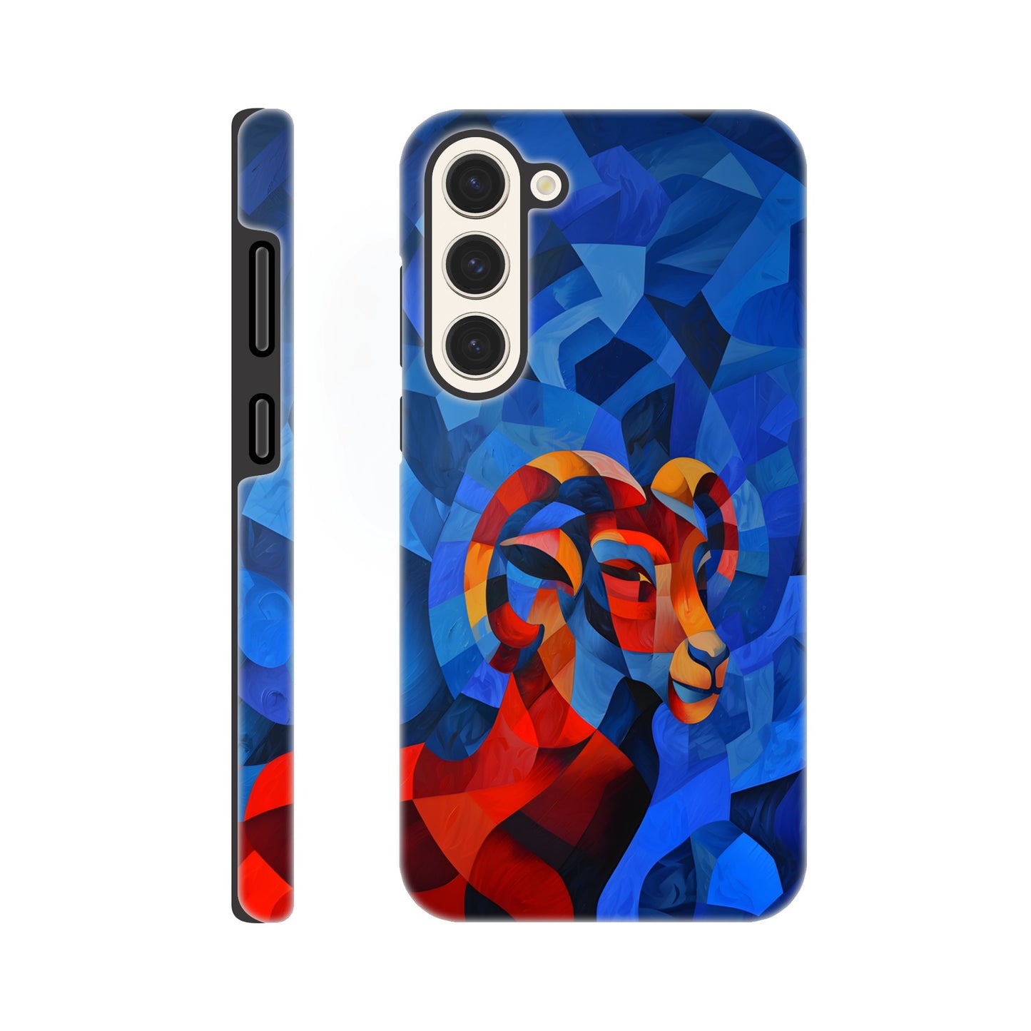 A Samsung Galaxy S23 Plus Phone Case with a design of an Aries astrological sign- a Ram, in the style of cubism, blue, red,