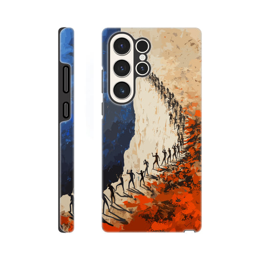 A Samsung Galaxy S23 Ultra Phone Case with the following design on it: a very large group of human forms all pointing in different directions as they are marching towards a cliff, royal blue, white, red, orange, style of fauvism