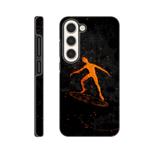 A Samsung Galaxy S23 Phone Case with the following design on it : orange glowing silhouette of a male surfer against a black background, in the style of digital art, dark orange and light amber, pointillist dot paintings, high resolution, symmetrical grid-like patterns, minimalist figures, glitched edges