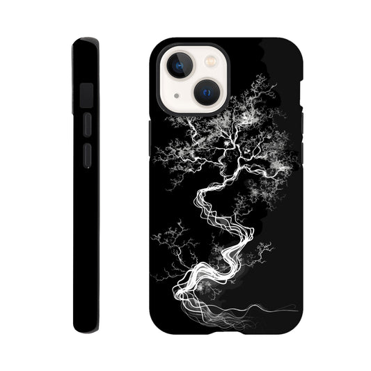 An Apple iPhone 13 Mini Phone Case with the following design on it - a sketch of a white fractal tree against a black background