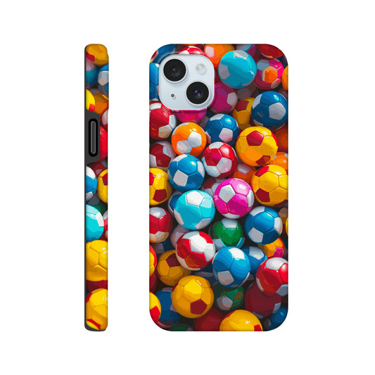 An iPhone 15 Plus Phone Case with the following design on it: A Kids ball pit made up of soccer balls, the soccer balls are of a variety of colors, fun and bright, pop art