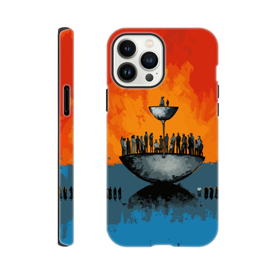 An Apple iPhone 13 Pro Max Phone Case with the following design on it - A large person is sitting in a bowl of a weighing scale. There is a larger bowl beneath this with lots of people in it. Income Inequality is theme, pop art, blue, orange, black, and red