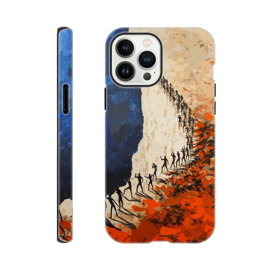 An Apple iPhone 13 Pro Max Phone Case with the following design on it: a very large group of human forms all pointing in different directions as they are marching towards a cliff, royal blue, white, red, orange, style of fauvism