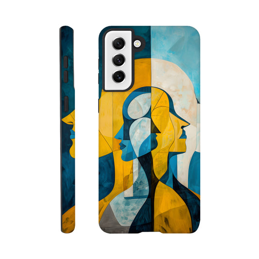 A Samsung Galaxy S21 Plus Phone Case with the following design on it - the Gemini Astrological sign depicting twins facing away from one another, the twins are of no specific sexual or ethnic orientation, yellow, baby blue, white, cubism,