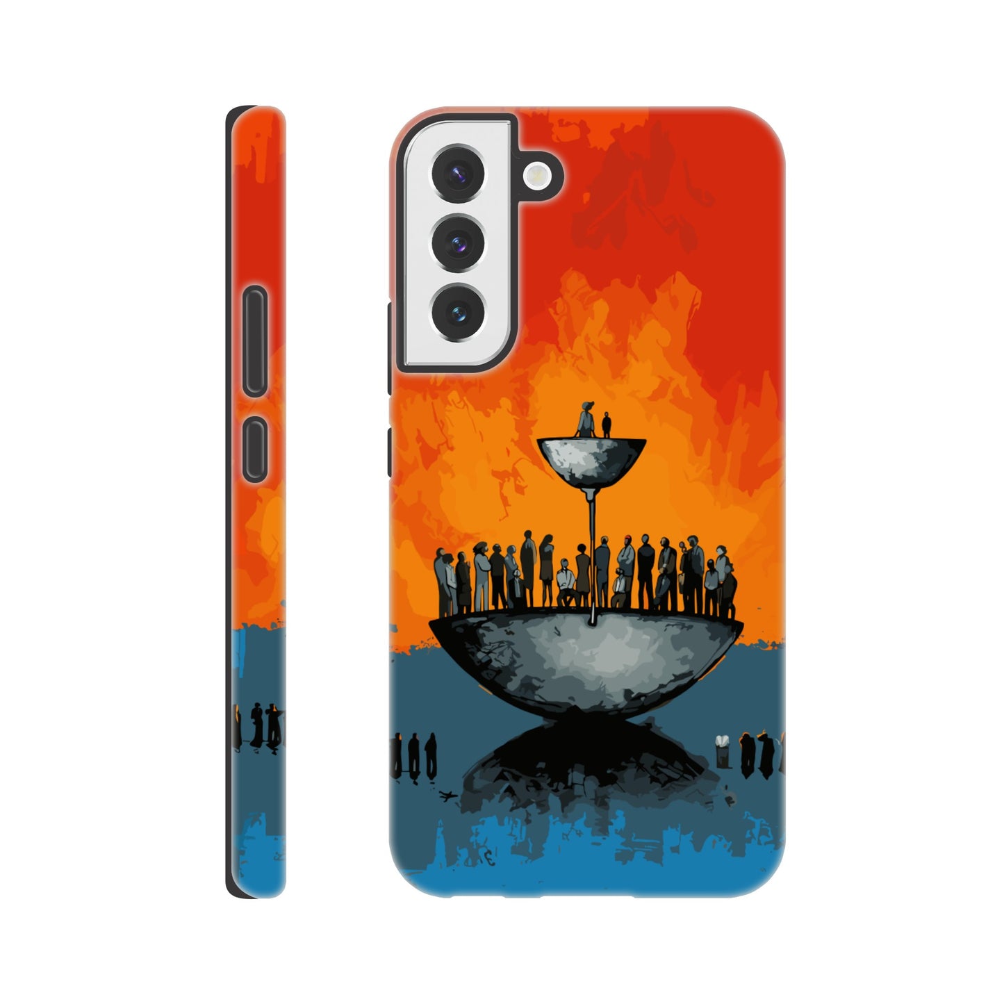 A Samsung Galaxy S22 Plus Phone Case with the following design on it - A large person is sitting in a bowl of a weighing scale. There is a larger bowl beneath this with lots of people in it. Income Inequality is theme, pop art, blue, orange, black, and red