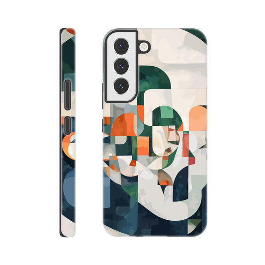 A Samsung Galaxy S22 Phone Case with the following design on it - A cubist-inspired portrait. The face is composed of geometric shapes and forms, with an abstract background that features soft gradients in shades of green, orange, blue, white, and grey. Abstract patterns surround the figure to create depth and movement against an emerald color palette.