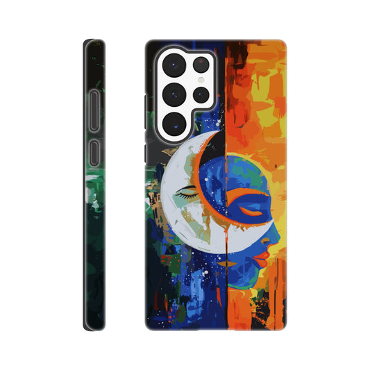 A Samsung Galaxy S22 Ultra Phone Case with the following design on it - Abstract painting of a crescent moon and sun in the sky, half is orange blue green color with black silhouette of male face, other side has bright vibrant colors, abstract, modern art style