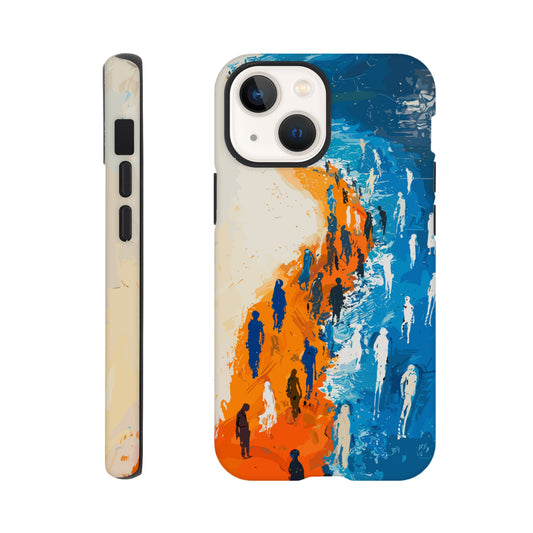 An iPhone 13 Mini Phone Case with the following design on it - the Sahara desert pouring into a beautiful ocean while a large group of non distinct human forms wade through the shallows as well as walk along the new shore, blue, orange, white, style of fauvism