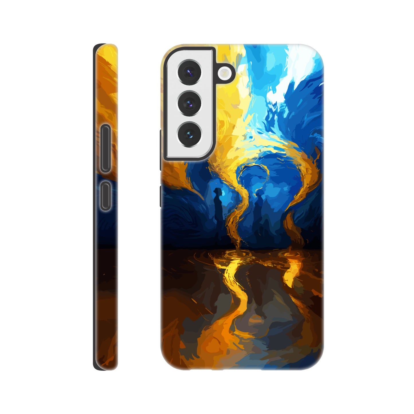 A Samsung Galaxy S22 Phone Case with the following design on it -An abstract image of flowing thunder/lightning and waves. The colors of blue, orange, and yellow. There are two human forms facing each other in the middle of the image.