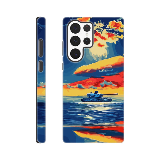 A Samsung Galaxy S22 Ultra Phone Case with the following design on it : A tank is sailing on the sea, with colorful clouds in the sky and a sunset reflection on the water surface, the style of an oil painting. The main colors of red, blue, yellow and orange are presented in a flat illustration