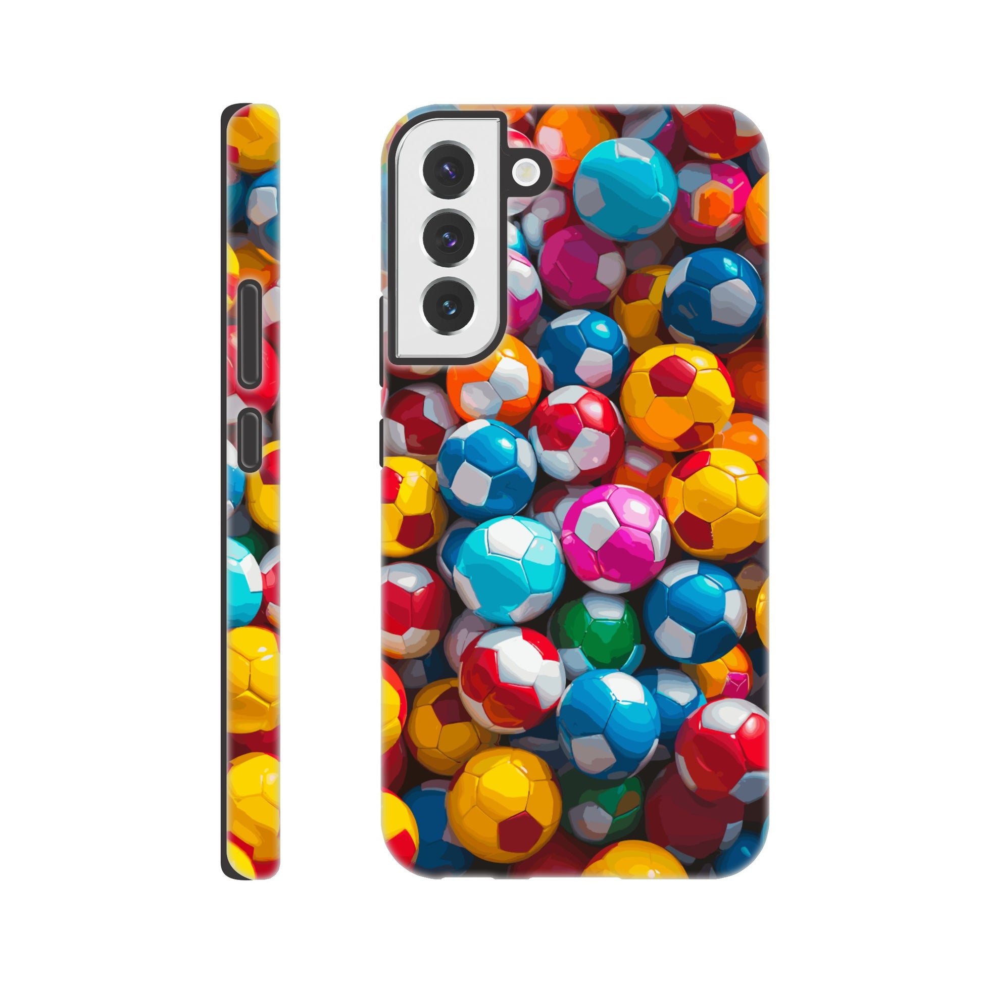 A Samsung Galaxy 22 Plus Phone Case with the following design on it: A Kids ball pit made up of soccer balls, the soccer balls are of a variety of colors, fun and bright, pop art