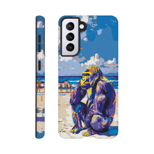 A Samsung Galaxy S21 Phone with a design of a Gorilla at the beach thinking while a diverse group of people stroll along the beach in the background, royal blue, orange, purple, yellow, white, fauvism meets pop art