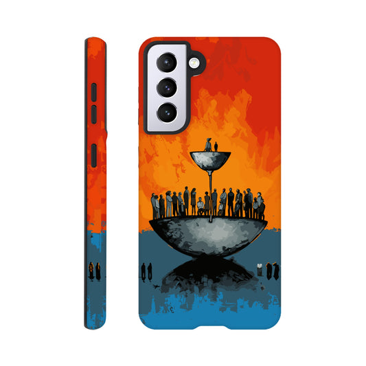 A Samsung Galaxy S21 Phone Case with the following design on it - A large person is sitting in a bowl of a weighing scale. There is a larger bowl beneath this with lots of people in it. Income Inequality is theme, pop art, blue, orange, black, and red