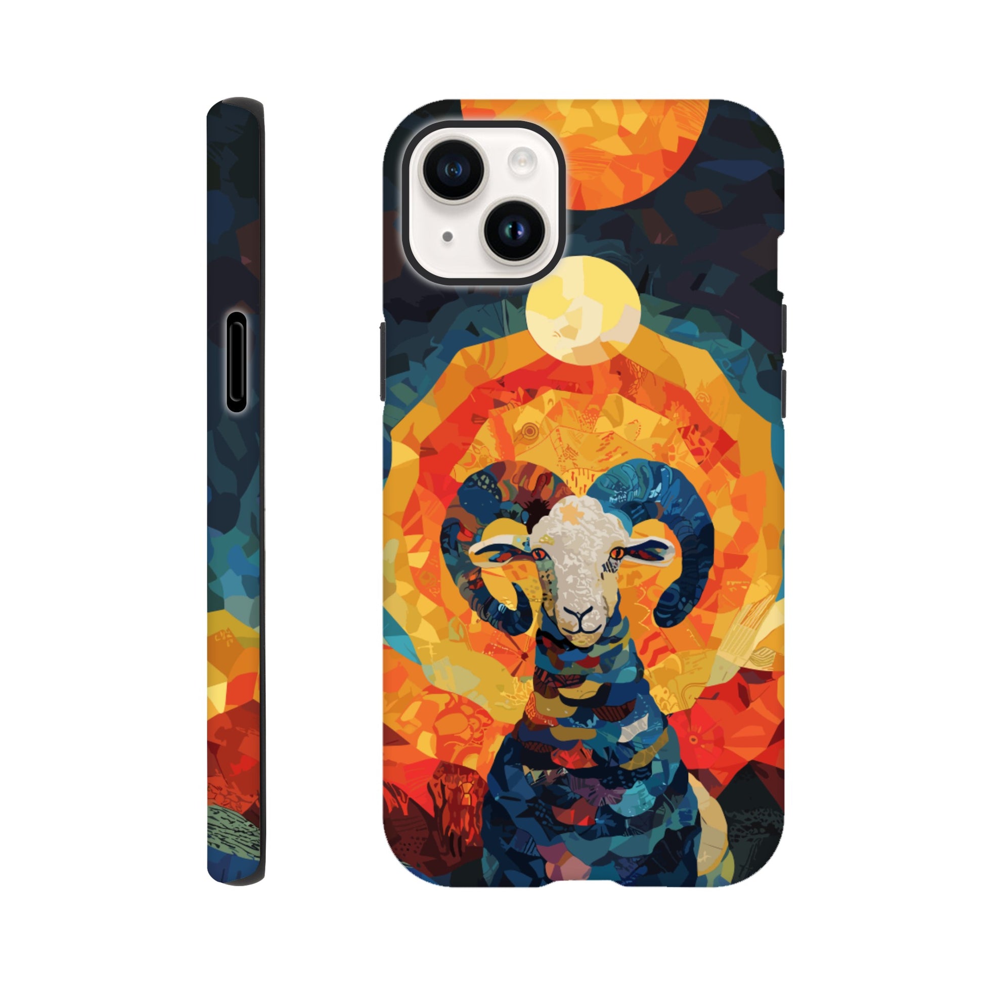 An Apple iPhone 14 Plus Phone Case with the following design on it - A Ram is facing towards you. There is a large Sun above the Ram even though it appears to be nighttime and a small moon as well, the style is art nouveau with very vibrant primary colors.