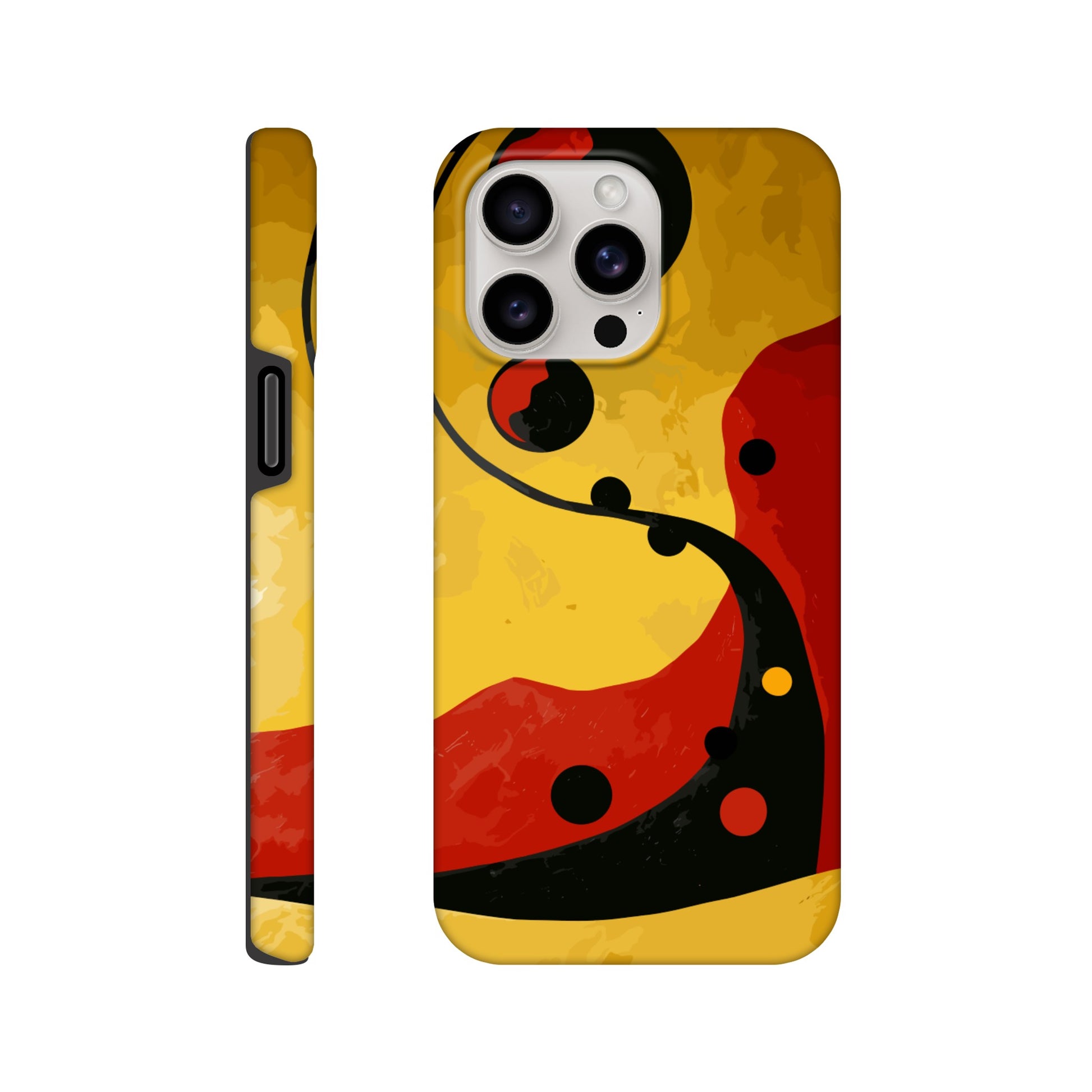 An Apple iPhone 15 Pro Max Phone Case with the following design on it - Abstract painting of yellow, red and black dots on the wall in an art deco style. The background is a dark gradient from light to deep yellow. In the foreground there's a swirl with three circles that resemble multiple shapes within each other, giving it depth. It has organic curves but also geometric elements.