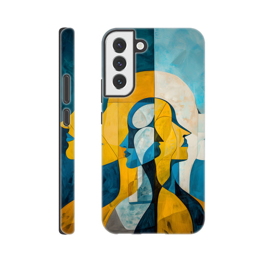 A Samsung Galaxy S22 Plus Phone Case with the following design on it - the Gemini Astrological sign depicting twins facing away from one another, the twins are of no specific sexual or ethnic orientation, yellow, baby blue, white, cubism,