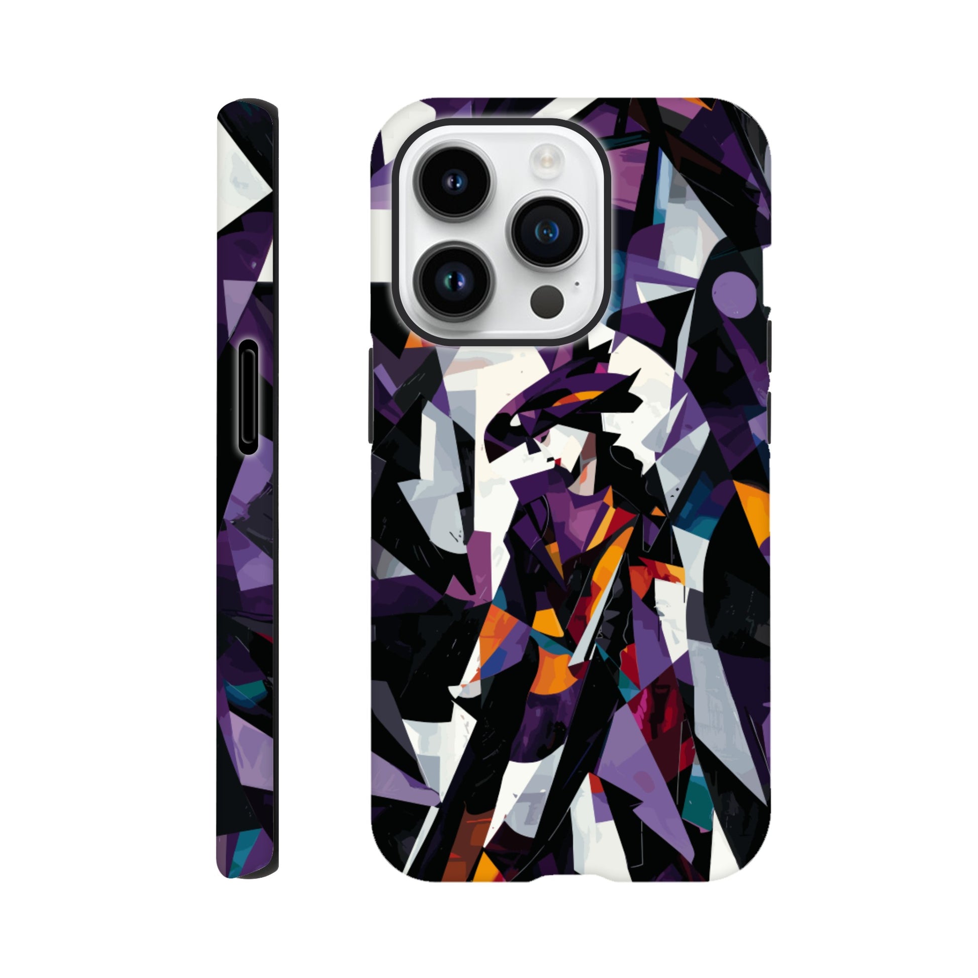 An Apple iPhone 14 Pro Phone Case with the following design on it : geometric and abstract design of a figure with sharp angles and vibrant colors, primarily purple, black, white, and orange.