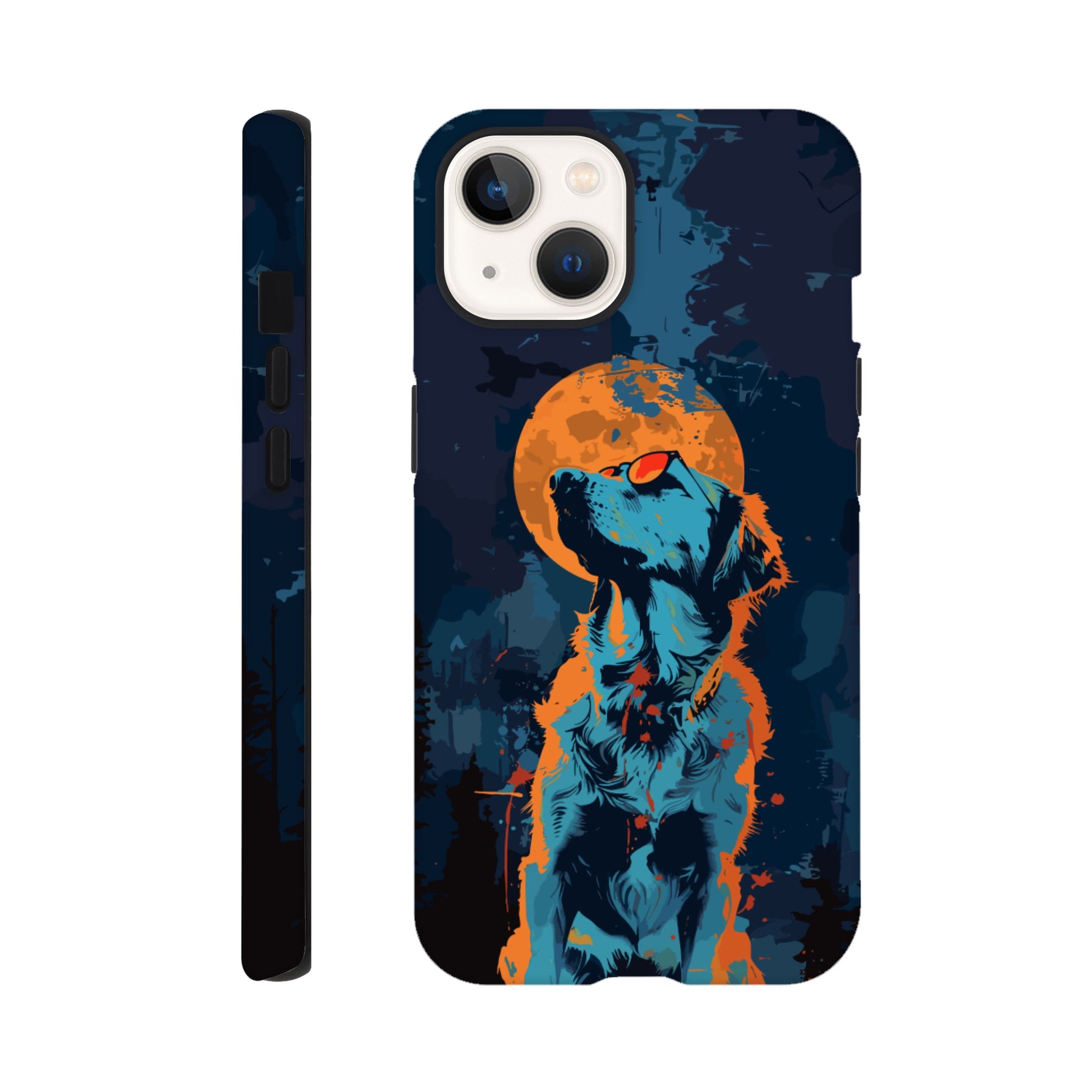 An Apple iPhone 13 Phone Case with the following design on it - A golden retriever dog with the moon behind it in a blue and orange color scheme, a night forest background, flat vector art with dark blue and light amber colors, a cyberpunk aesthetic