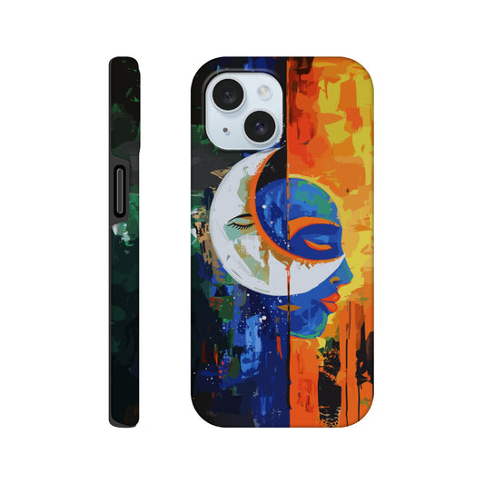 An Apple iPhone 15 Phone Case with the following design on it - Abstract painting of a crescent moon and sun in the sky, half is orange blue green color with black silhouette of either a female or male face, other side has bright vibrant colors, abstract, modern art style